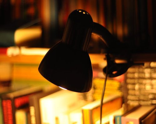 Close up view of an open book being read under the soft, warm glow of a desk lamp in a dark room